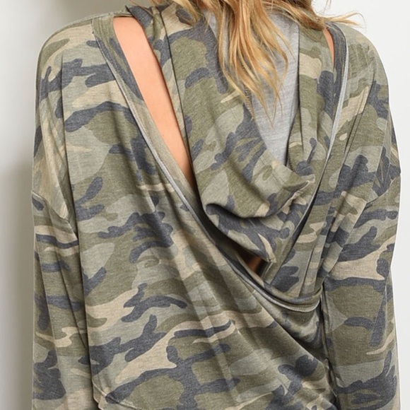 Camouflage Green Open Cross Over Back Design Hoodie Top - Picture 2 of 8